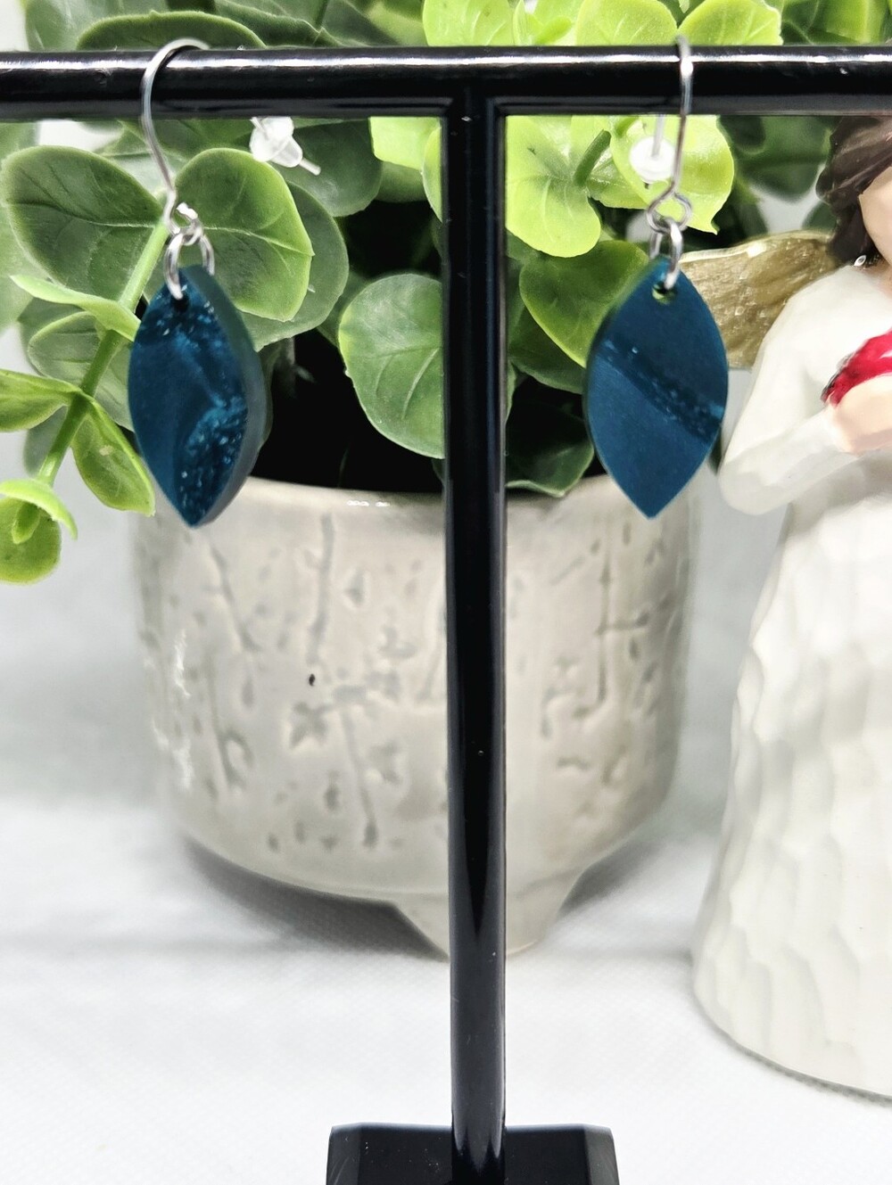 Teardrop Marbeled Teal Leaf Dangle Earrings